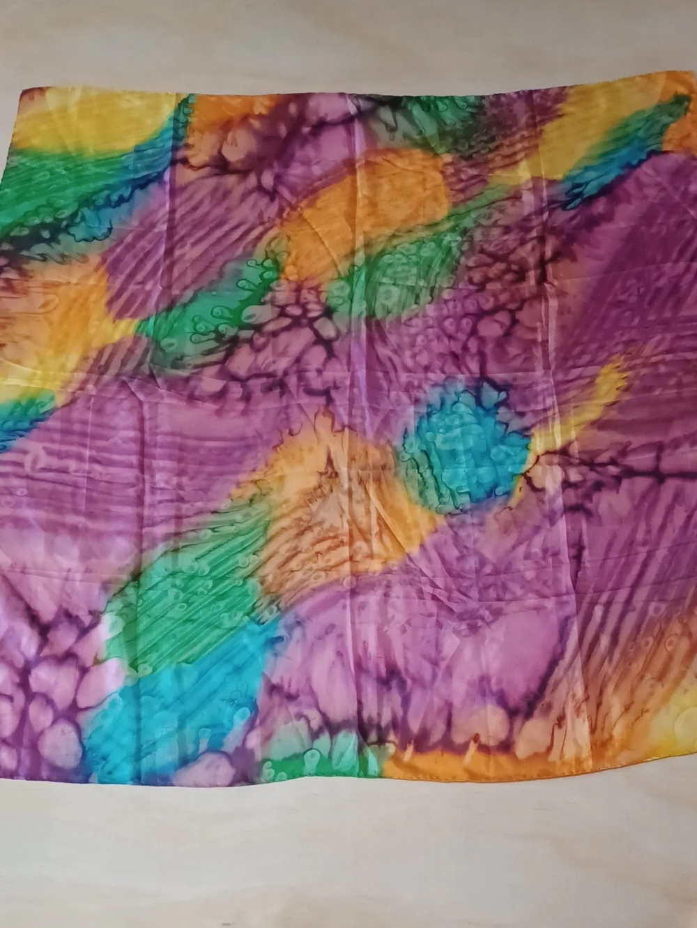 Vintage Shanghai Silk Batik Tie Dye Square Scarf 35×35 Abstract Watercolor